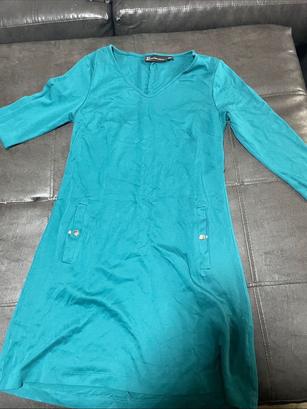 New York & Company Teal V-Neck Long Sleeve Dress